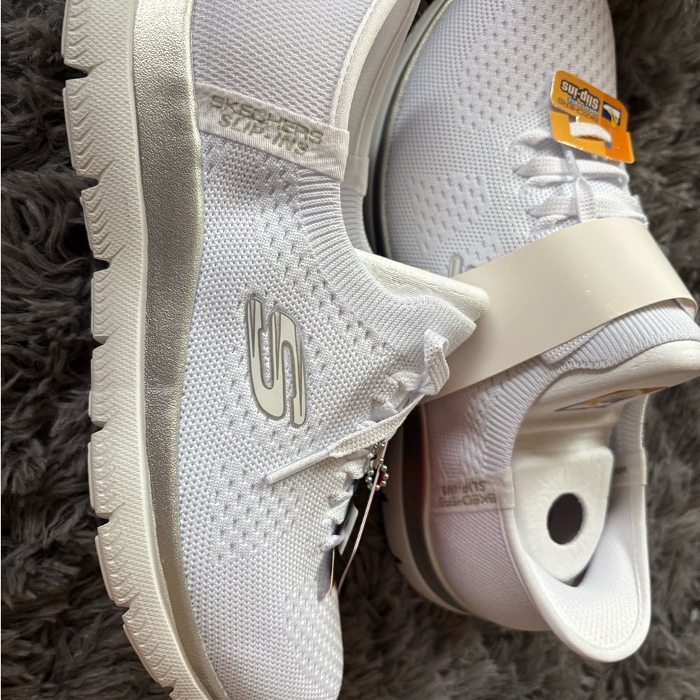 Skechers Women's Knit Sneakers in White and Silver - Picture 7 of 13